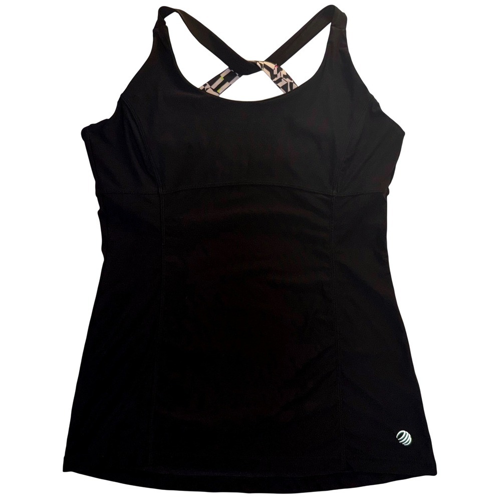 MPG Sport Tennis Tank Top Sz Large Black Geometric Built-in Bra Workout Yoga